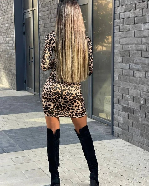 Kadın örme Viskon Kumaş Leopar Desenli çapraz Göğüs Detay Mini Boy Elbise - Resim 6