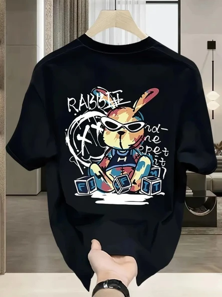 Baskılı Oversize Bisiklet Yaka T-shirt - Siyah - 1