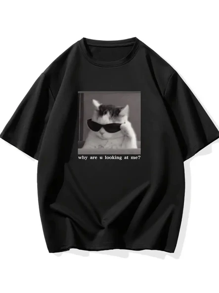Baskılı Oversize Bisiklet Yaka T-shirt - Siyah - 1