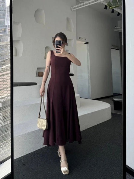 Sırt Dekolteli Kolsuz Uzun Elbise - Mürdüm - Resim 4