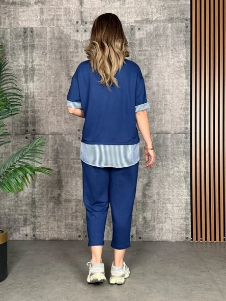 Kadın Modal Kumaş çizgili Gömlek Yaka Ikili Takım - Resim 3