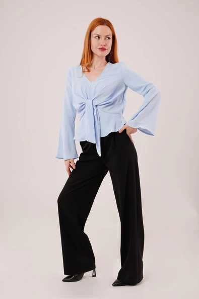 Ön Bağlamalı Volan Kol Bebe Mavisi Bluz - Resim 2