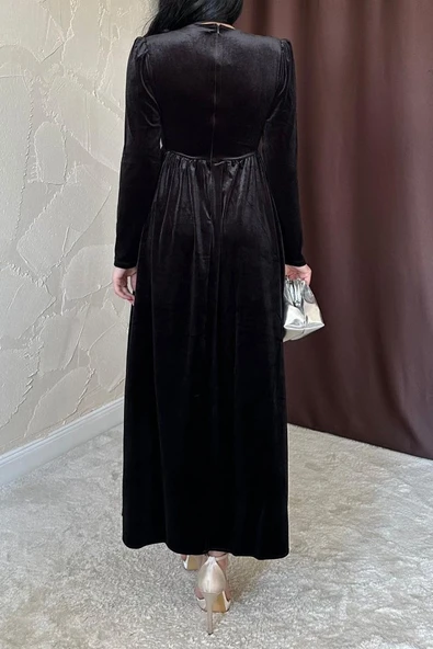 Siyah Göğüs Altı Taşlı Elbise - Resim 3