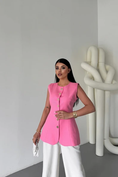 KETEN YELEK BELDEN OTURTMALISIRALI DÜĞME DETAYLI - Pembe - 2
