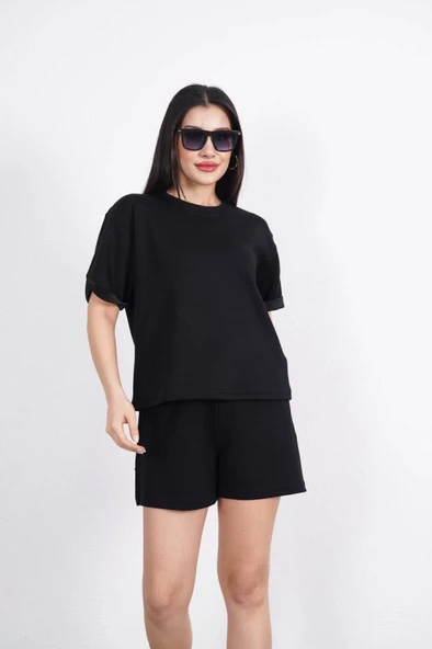 Osy Modal Yumuşak Dokulu Kumaş Bisiklet Yaka T-shirt Kısa Şort İkili Takım - Siyah - 1