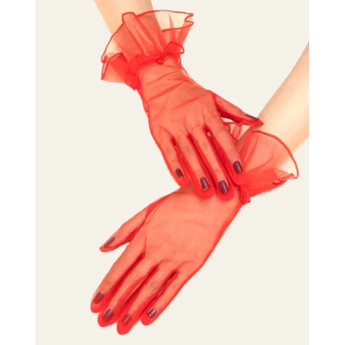 Kısa Boy Likralı Güpürlü Yetişkin Tül Eldiven Kırmızı Renk - Resim 3