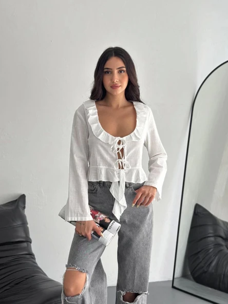 Keten Uzun Kol Bağacık Detaylı Bluz - Beyaz - Resim 4