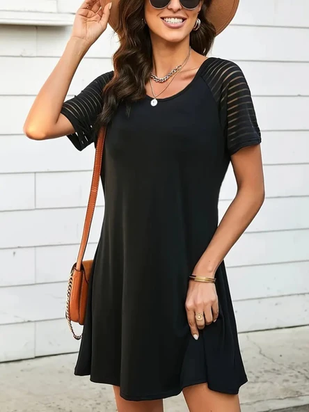 Kadın Kısa Kollu Yuvarlak Yaka şerit Kol Detaylı Viskon Elbise - Resim 6