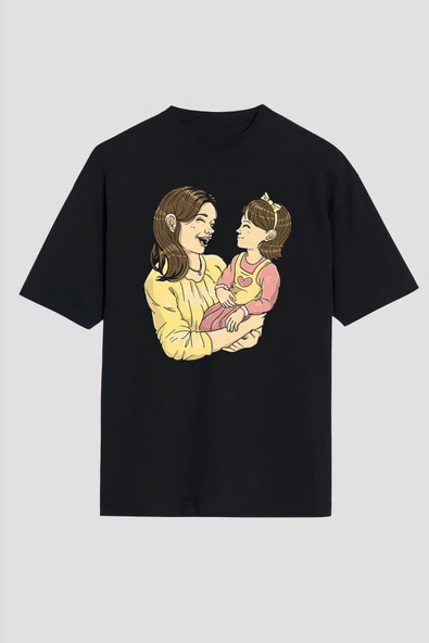 Anneler Gününe Özel Tasarım Anne Kız Baskılı T-shirt - Siyah ürün görseli