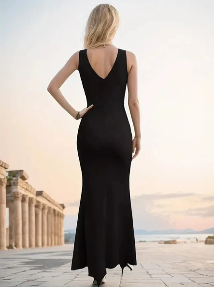 Kadın Askılı Kruvaze Yaka Yırtmaç Detaylı Janjan Krep Elbise - Resim 10