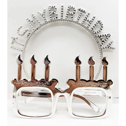 İt's My Birthday Yazılı Taç ve Mum Şekilli Gözlük Seti Gümüş Renk ürün görseli