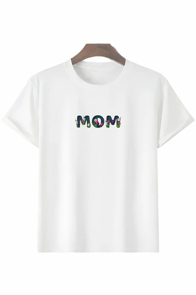 Anneler Gününe Özel Tasarım Mom Çiçek Baskılı T-shirt - Beyaz ürün görseli