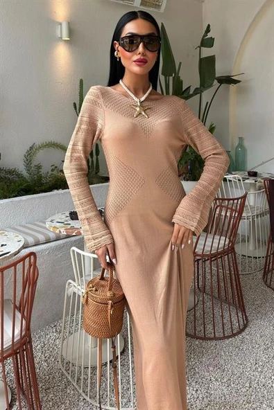 Ajur Detaylı Bisiklet Yaka Triko Elbise 2861 - Resim 15