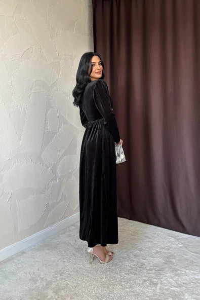 Siyah Göğüs Altı Taşlı Elbise - Resim 4