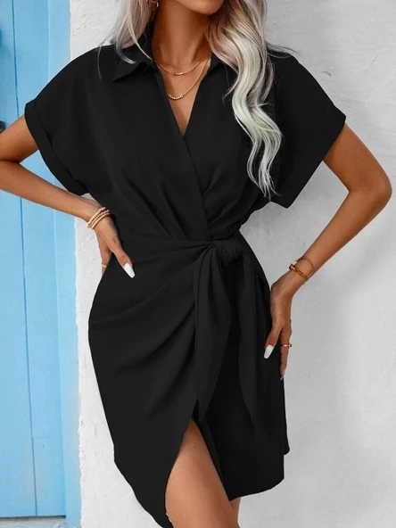 Kadın Kısa Kollu Yakalı Yandan Bağlamalı Dokuma Elbise - Resim 2