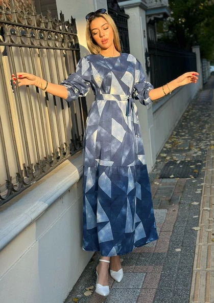 Kadın Uzun Kollu Bisiklet Yaka Geometrik Desen Baskılı Kuşak Dahil Maxi Boy Elbise - Resim 3