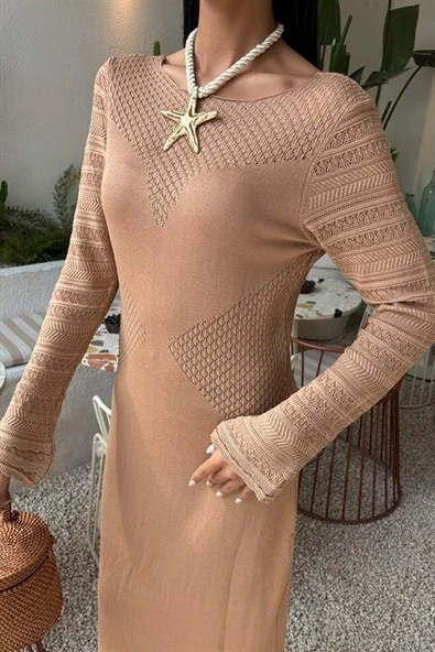 Ajur Detaylı Bisiklet Yaka Triko Elbise 2861 - Resim 13