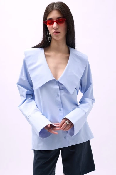 Geniş Yaka Volan Kol Gömlek - Resim 3