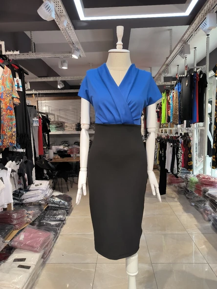 Kadın Kısa Kollu Kruvaze Yaka Krep Elbise (Kemersiz) - Resim 13