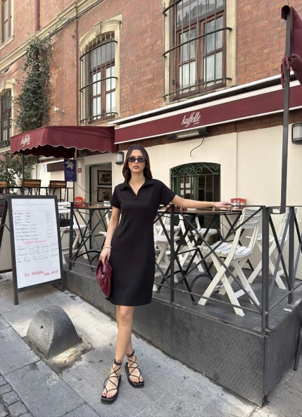 Osy Modal Yumuşak Dokulu Kumaş Yakalı Kısa Kollu Elbise - Siyah - Resim 4