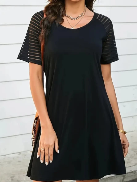 Kadın Kısa Kollu Yuvarlak Yaka şerit Kol Detaylı Viskon Elbise - Resim 4