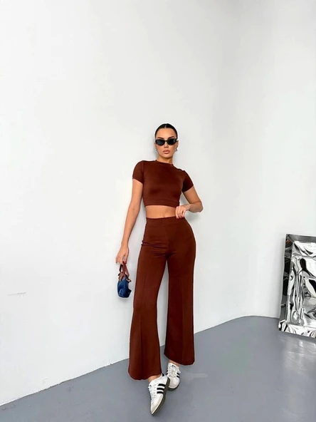 Osy Modal Yumuşak Dokulu Kumaş Kısa Kollu Crop Alt Ispanyol Paça Pantalon Ikili Takım - Kahverengi - 1