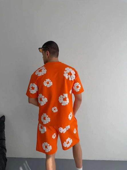 İki İplik Kumaş Baskılı T-shirt Şortlu Takım- Turuncu - 3