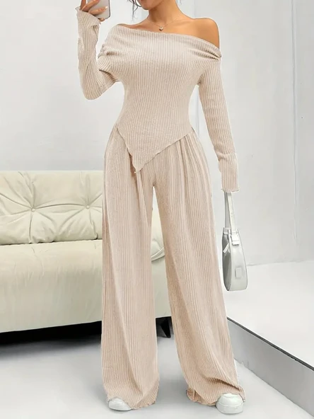 Kadın Uzun Kollu Omuzlardan Açık Asimetrik Kesim Kaşkorse Bluz Ve Pantolon Ikili Pantolon - Resim 2