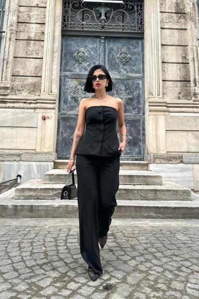 Siyah Straplez Düğmeli Crop Ve Pantolon Takım ürün görseli