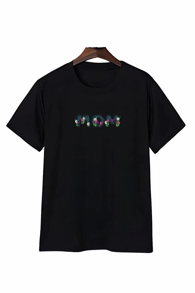 Anneler Gününe Özel Tasarım Mom Çiçek Baskılı T-shirt - Siyah