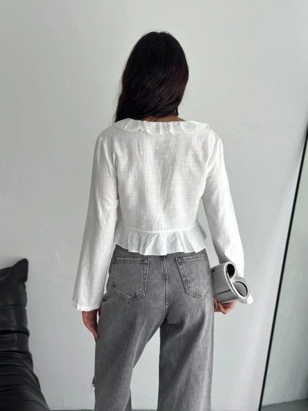 Keten Uzun Kol Bağacık Detaylı Bluz - Beyaz - Resim 2