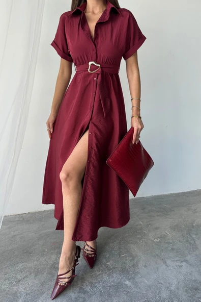 ÖNDEN DÜĞMELİ CRUSHLI MODAL ELBİSE - Bordo - Resim 3