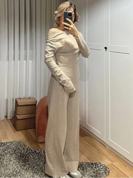 Kadın Uzun Kollu Omuzlardan Açık Asimetrik Kesim Kaşkorse Bluz Ve Pantolon Ikili Pantolon - Resim 9