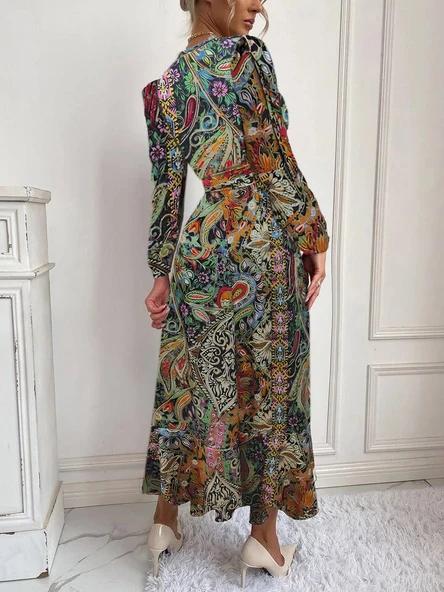 Kadın Uzun Kollu Kruvaze Yakalı Belden Kuşaklı Leopar - Resim 4