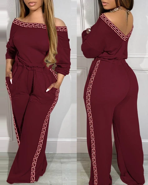 Kadın Uzun Kollu Omuzlardan Açık Beli Lastikli Cepli şerit Desenli Viskon Iki Iplik Tulum - Resim 2