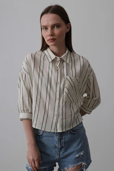 Çizgili Kısa Gömlek - Bej-Yeşil - Resim 3
