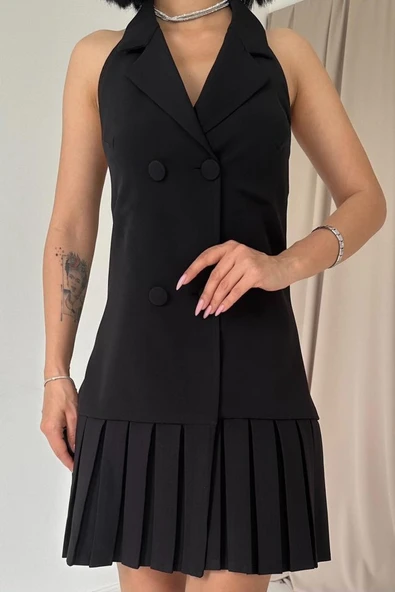 Siyah Sırtı Açık Ceket Yakalı Elbise - Resim 3