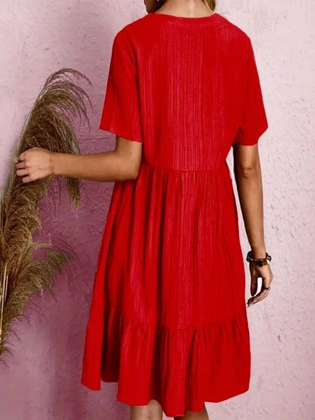 Kadın V Yaka, Fırfırlı Bürümcük Kumaş Elbise - Resim 2