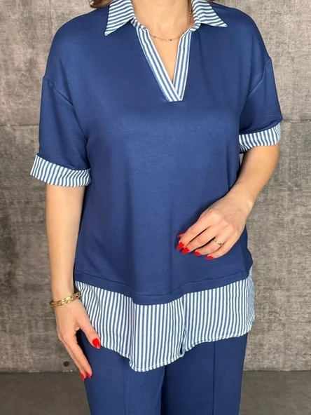 Kadın Modal Kumaş çizgili Gömlek Yaka Ikili Takım - Resim 4