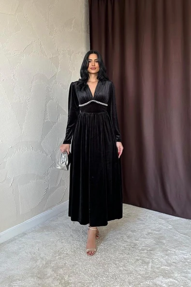 Siyah Göğüs Altı Taşlı Elbise ürün görseli