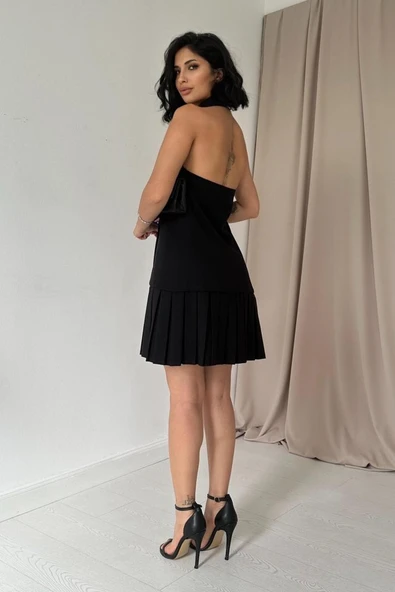 Siyah Sırtı Açık Ceket Yakalı Elbise - Resim 4