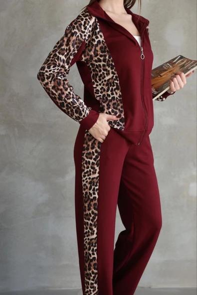 Osy Modal Yumuşak Dokulu Kumaş Kapüşonlu Leopar Desenli Fermuarlı Takım - Bordo - Resim 3