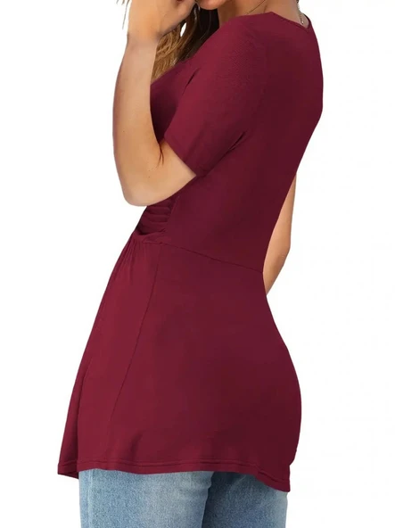 Kadın Kısa Kollu önü Düğüm Detay Viskon Bluz - Resim 4