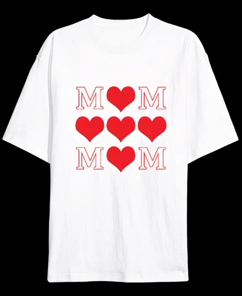 Anneler Gününe Özel Tasarım MOM Kalp Baskılı T-shirt - Beyaz ürün görseli