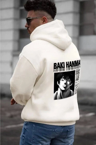 Erkek Baskılı Kapüşonlu Ve Kordon İpli Sweat - Beyaz - 1