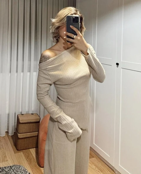 Kadın Uzun Kollu Omuzlardan Açık Asimetrik Kesim Kaşkorse Bluz Ve Pantolon Ikili Pantolon - Resim 8