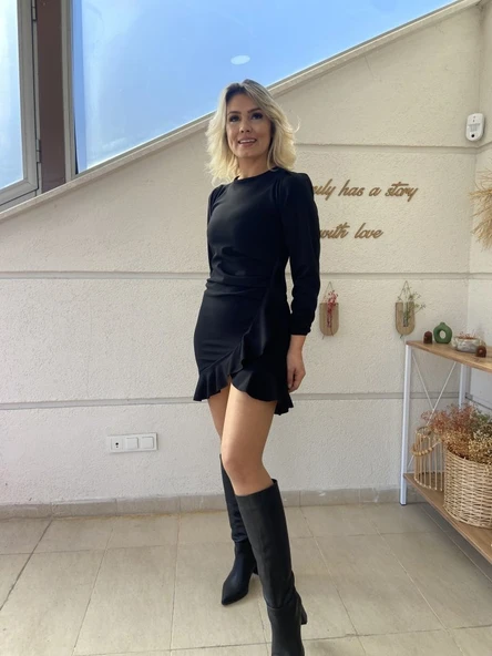 Kadın Uzun Kollu Bisiklet Yaka önden Volanlı Ithal Krep Elbise - Resim 11