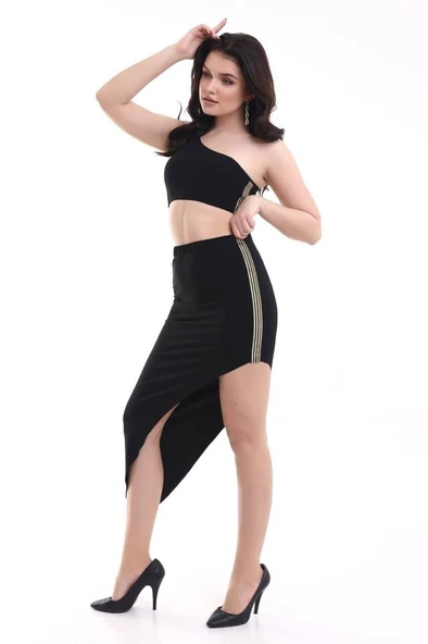 Kadın Tek Omuzlu Asimetrik Etek Şerit Detaylı Fırsat Ürün Sandy Kumaş İkili Takım - Resim 7