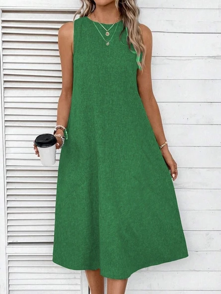 Kadın Kolsuz Bisiklet Yaka Cepli Midi Keten Elbise - Resim 5