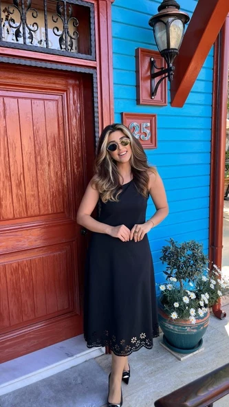 Kadın Kolsuz Etek Ucu Lazer Kesim çiçek Desenli Midi Boy Janjan Krep Elbise - Resim 5